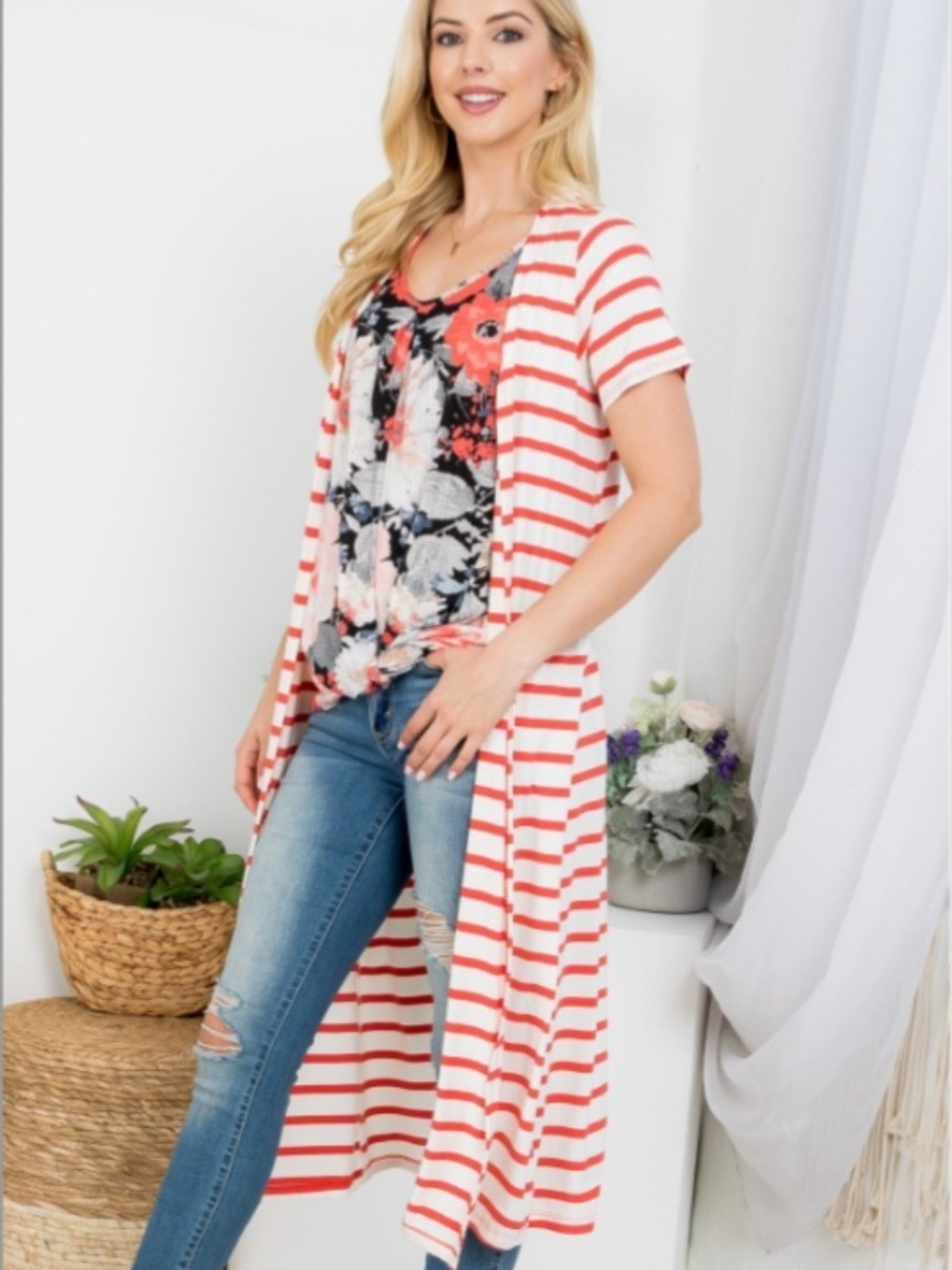 Source Unknown Coral & White Striped Duster with Floral Tank